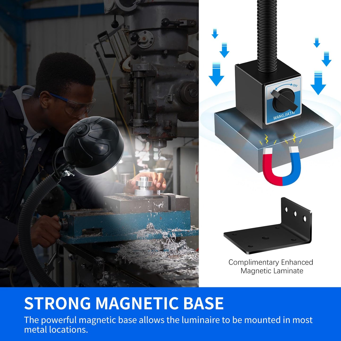 WangJiaTai Magnetic Work Light, LED Machine Light, Work Light with Flexible & Magnetic Base, Shop Tool Lamp for Lathe, Work Bench, Sewing Machine, Bandsaw, Industrial Lighting, 2000 Lumens, Black