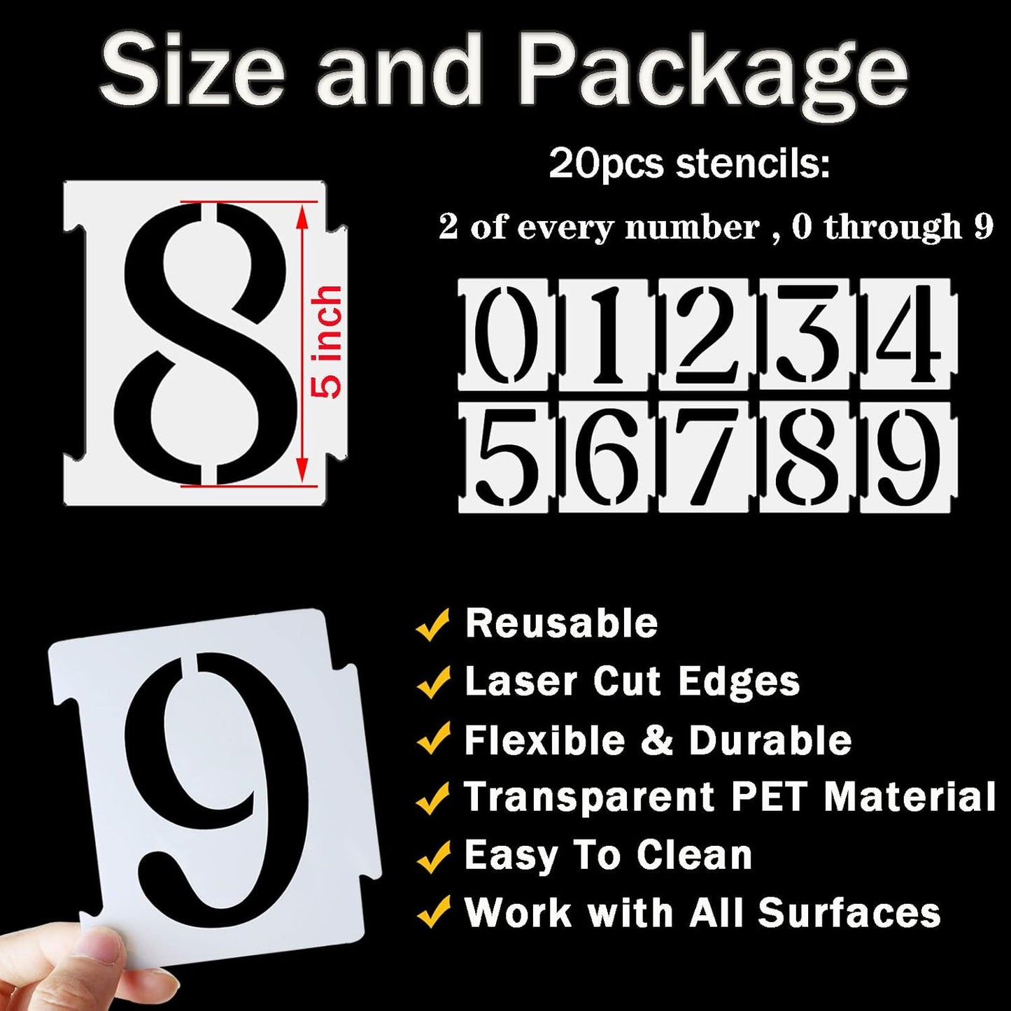 YEAJON 5 Inch Curb Stencil Kit 0-9 Address Number Stencils, 20Pcs Reusable 14 Mil Mylar Plastic Templates for Painting on Road, Wall, Wood, Mailbox