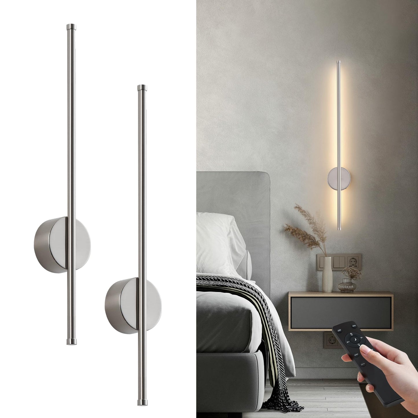 KARTOOSH Battery Operated Wall Sconces Set of Two, Dimmable, 3 Color Temperatures, 23.6 Inch Nickel, Model ZM322B