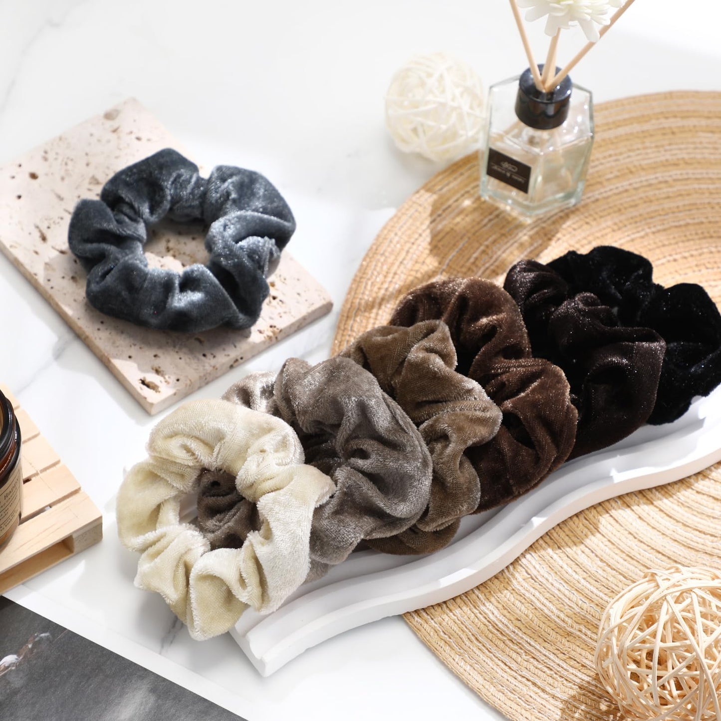 Bememo 28 Pieces Velvet Scrunchies - Soft Elastic Hair Ties, Scrunchy Bobbles, Ponytail Holders & Party Favors in Neutral Colors
