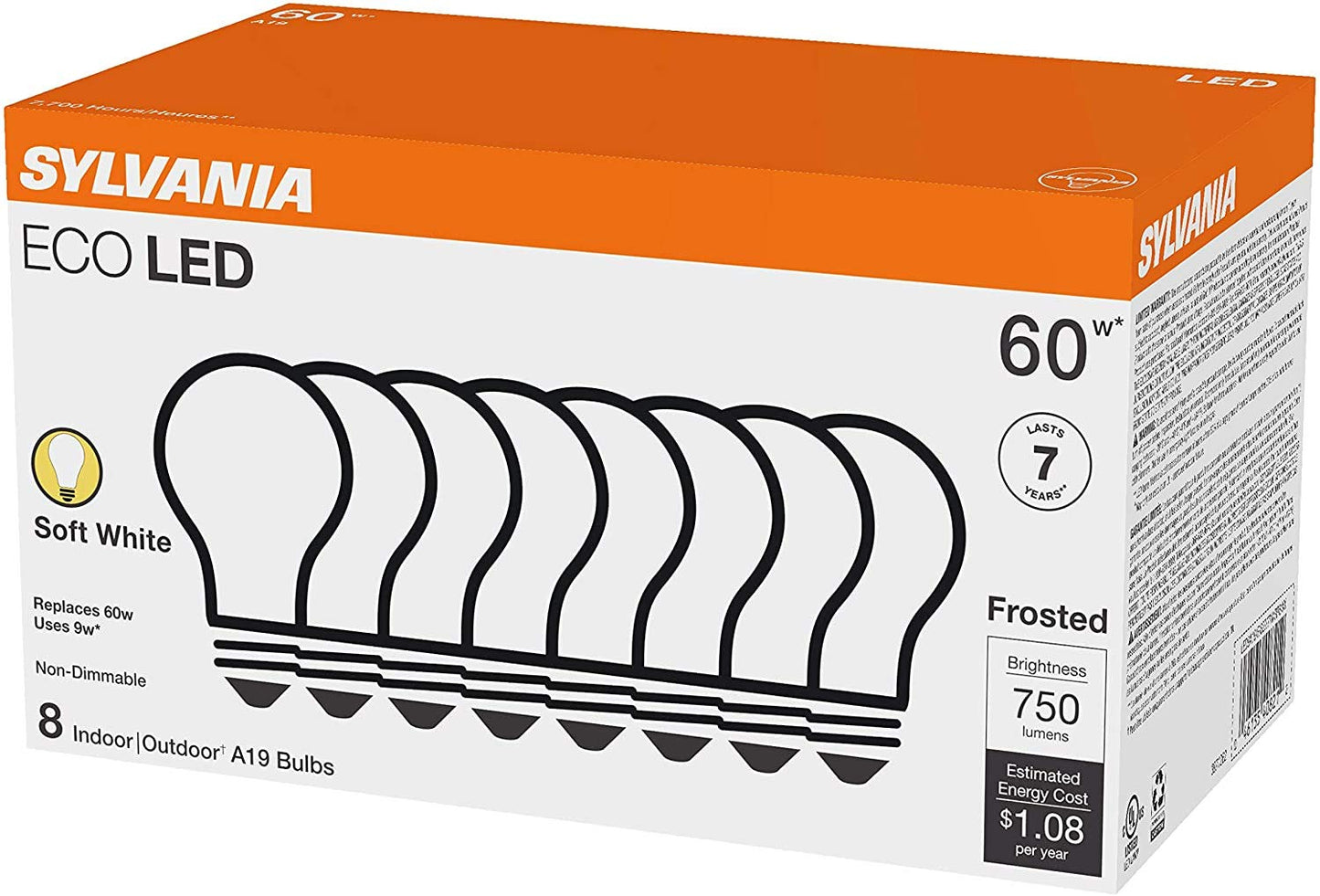 LEDVANCE Sylvania ECO LED Light Bulb, A19 60W Equivalent, Efficient 9W, 7 Year, 750 Lumens, 2700K, Non-Dimmable, Frosted, Soft White - 8 Pack (40821)