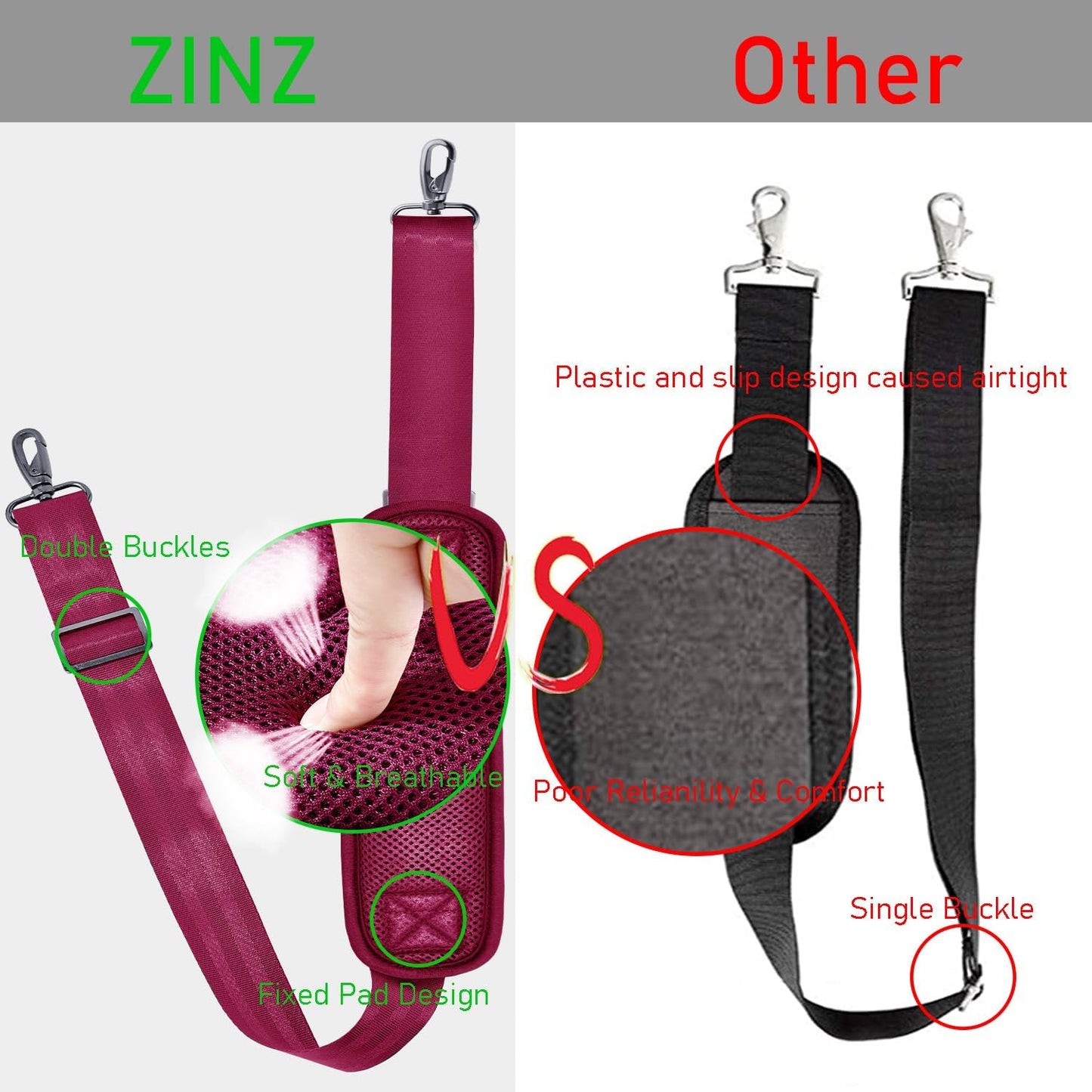 ZINZ 77 Inch Shoulder Strap Univesal Bag Strap with Fixed Pad Ultra Thick Plus Long & Breathable Cushion, Replacement Strap for Bags,Red