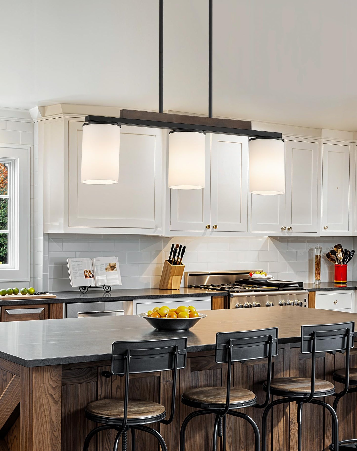 Mecgirn Farmhouse Dining Room Light Fixtures Over Table  Black Pendant Lights For Kitchen Island With Milk Glass Shade  3 Light Linear Chandelier Lighting With Wood