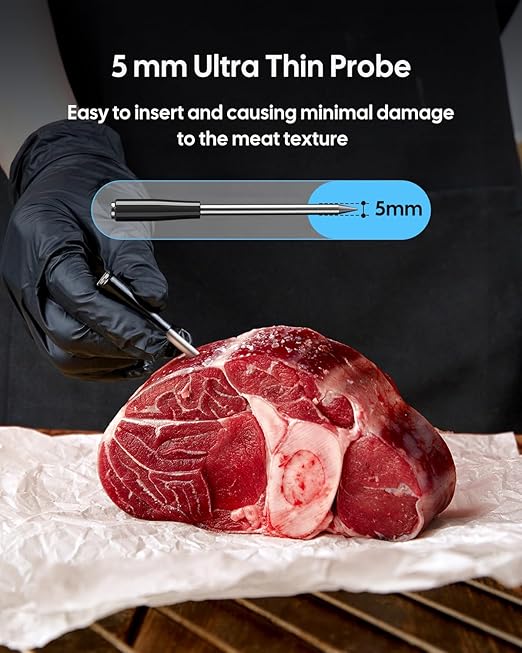 Bluetooth Wirless Meat Thermometer for Smoker Ultra Thin Meat Probe, Fitflavor Wireless Meat Thermometer Probe for Grill BBQ Oven Food Cooking, Waterproof, Alarm, Timer, Data Tracking (FNT21-1)