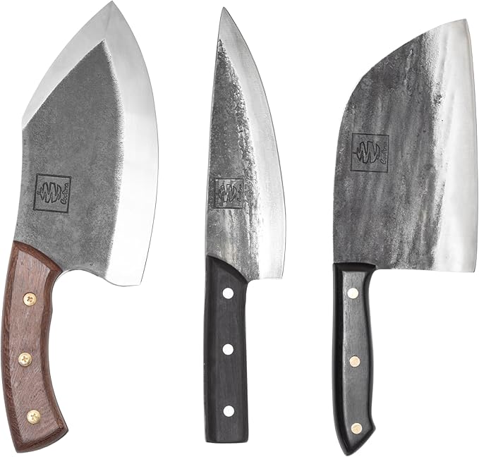 COOLINA Knife Set – Lixy, Tungsten & Promaja Knives Bundle – 3-Piece Hand-Forged Carbon Steel Kitchen & BBQ Knives – Full Tang Butcher, Chef & Cleaver with Wooden Handles