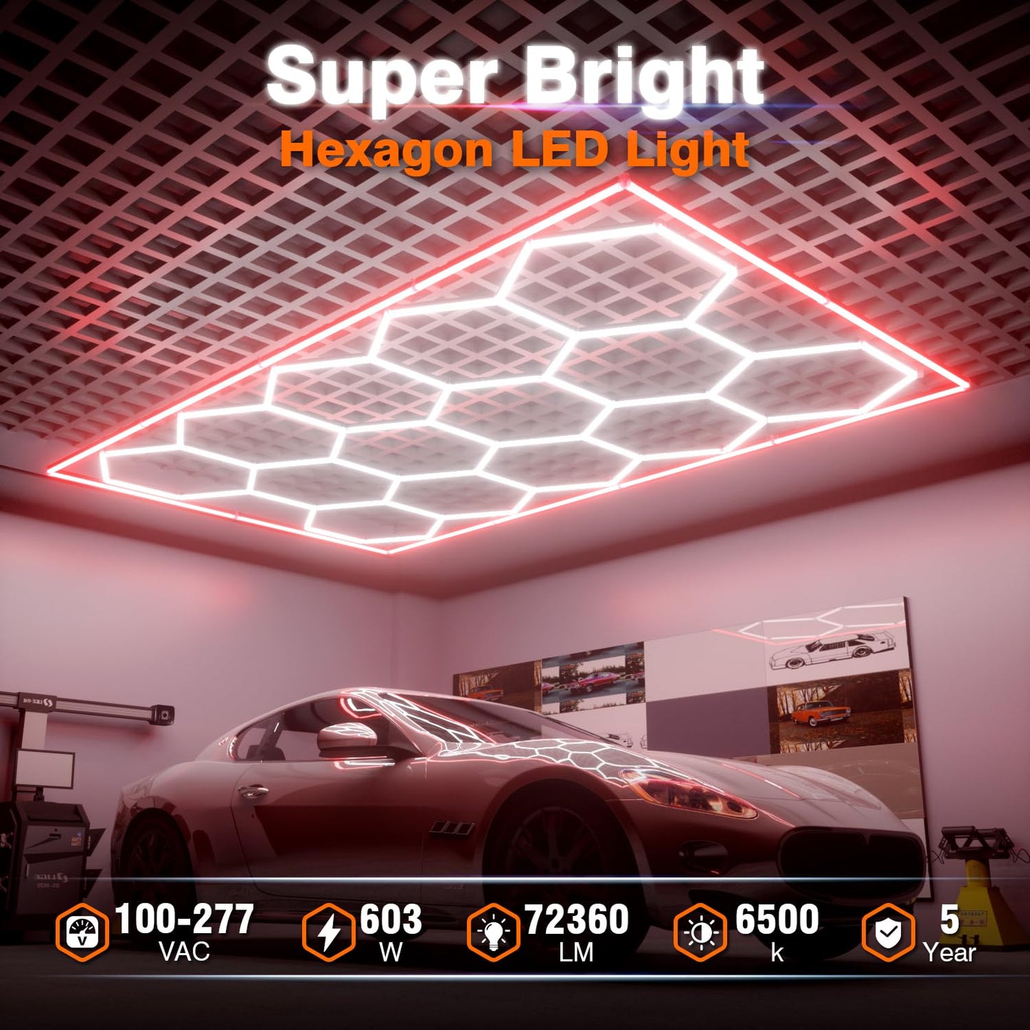 Litezone Hexagon Garage Lights, 14 Grids Hexagon LED Lights with Rectangle Frame, 603W 6500K Super Bright Honeycomb Light for Warehouse, Car Detailing Shop, Exhibition Hall, Gym(Red)