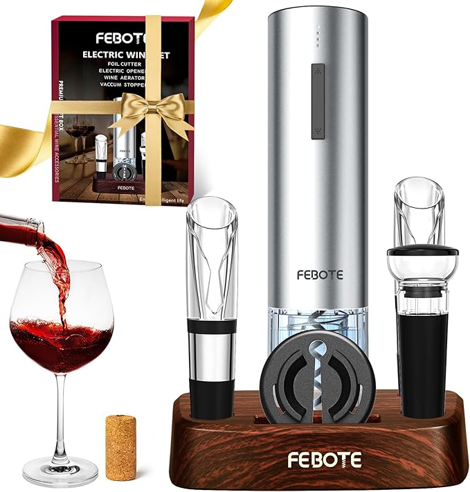 Electric Wine Opener Set for Home Bar Party - 5-in-1 Automatic Rechargeable Corkscrew with Charging Base, Foil Cutter, Vacuum Stoppers, Aerator, Accessories Premium Mahogany Base - Brown