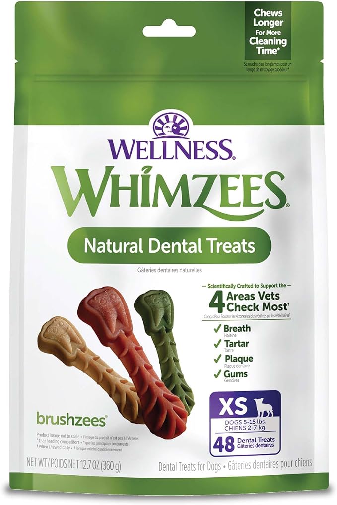 WHIMZEES Wellness Brushzees Dog Dental Treats, Extra Small Size Stick, (48 Count)