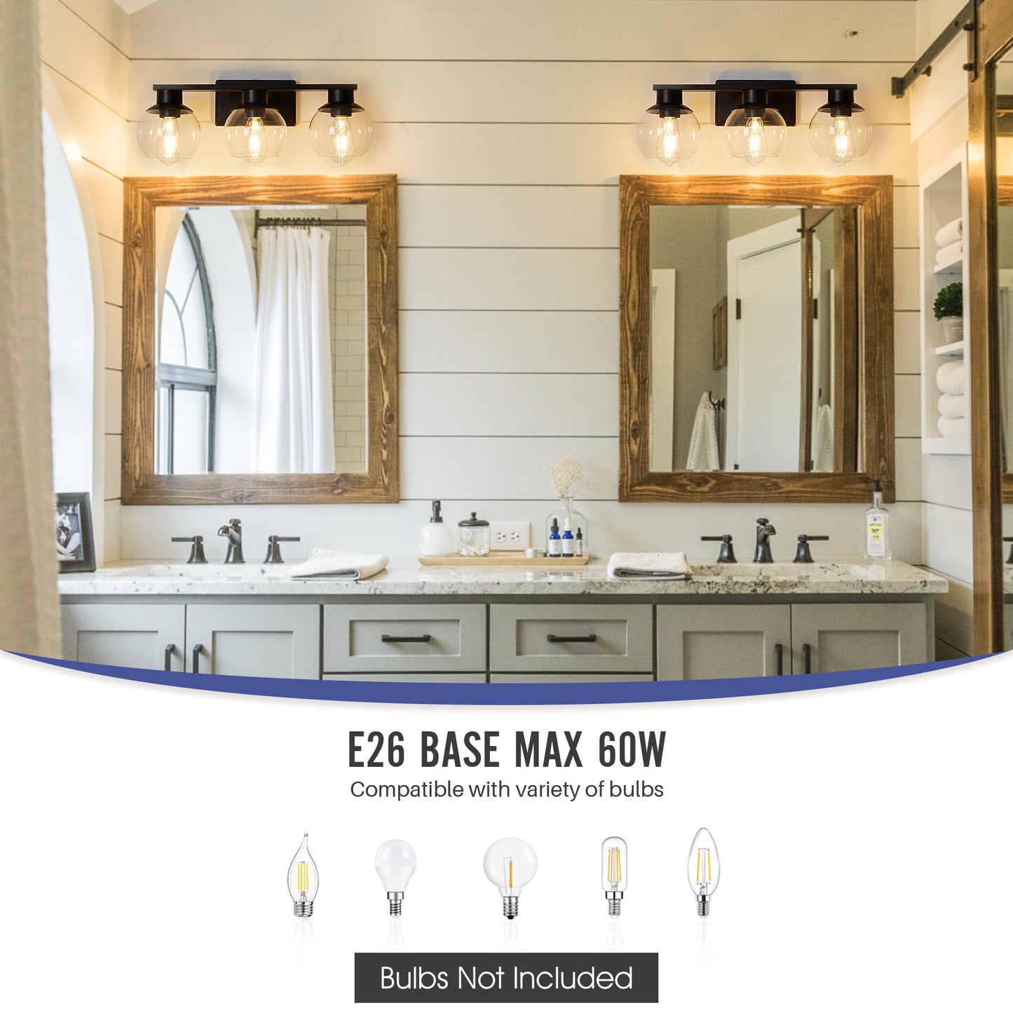 PAZALA 3 Light Vanity Lights for Bathroom, Globe Glass, Matte Black, E26 Base, 22 in, Perfect for Hallway & Mirror Lighting