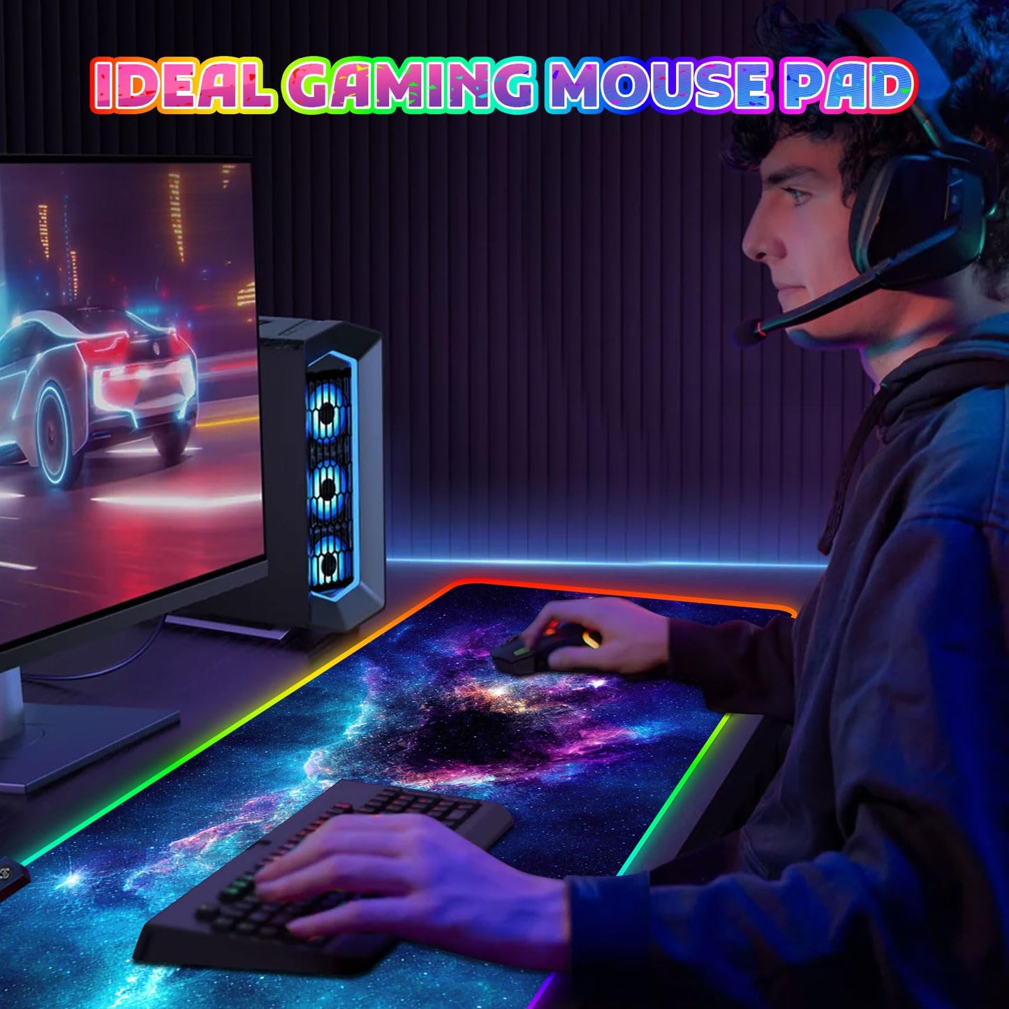 ToLuLu RGB Mouse Pad Gaming, Large LED Mouse Pad with 14 Lights Modes, 35.4 x 15.7 inches XXL Desk Mat for Keyboard and Mouse, Extended Desk Pad Mat PC Gaming Mousepad Accessories（Blue Purple Galaxy