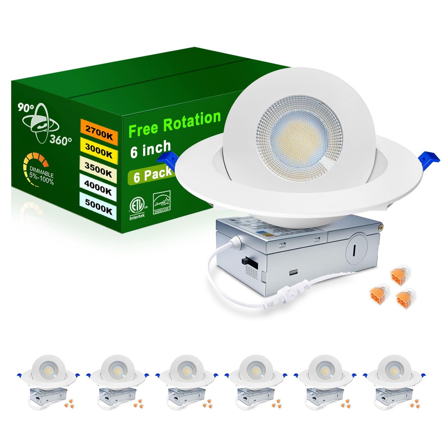Zouzai 6 Inch 5Cct Gimbal Led Recessed Lights  360+90 Adjustable Directional Recessed Lighting  2700K/3000K/3500K/4000K/5000K Dimmable Retrofit Eyeball Can Lights With Jbox  Etl(White  6 Pack)