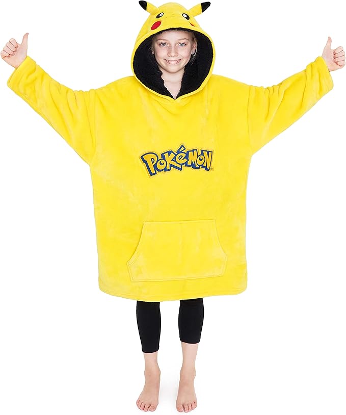 Pokemon Blanket Hoodie for Kids Teens Oversized Fleece Wearable Hoodie Blanket Pikachu Loungewear Gifts for Boys