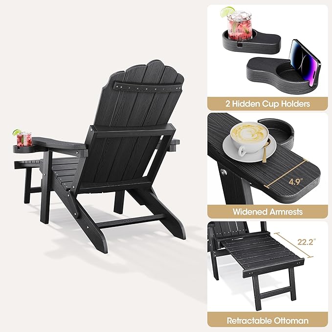 Adjustable Backrest Folding Adirondack Chair Set of 2, Adirondack Chair with Ottoman, Weather Resistant Fire Pit Chair with 2 Cup Holders, for Porch Backyard Outdoor Lawn Pool Deck Beach, Black