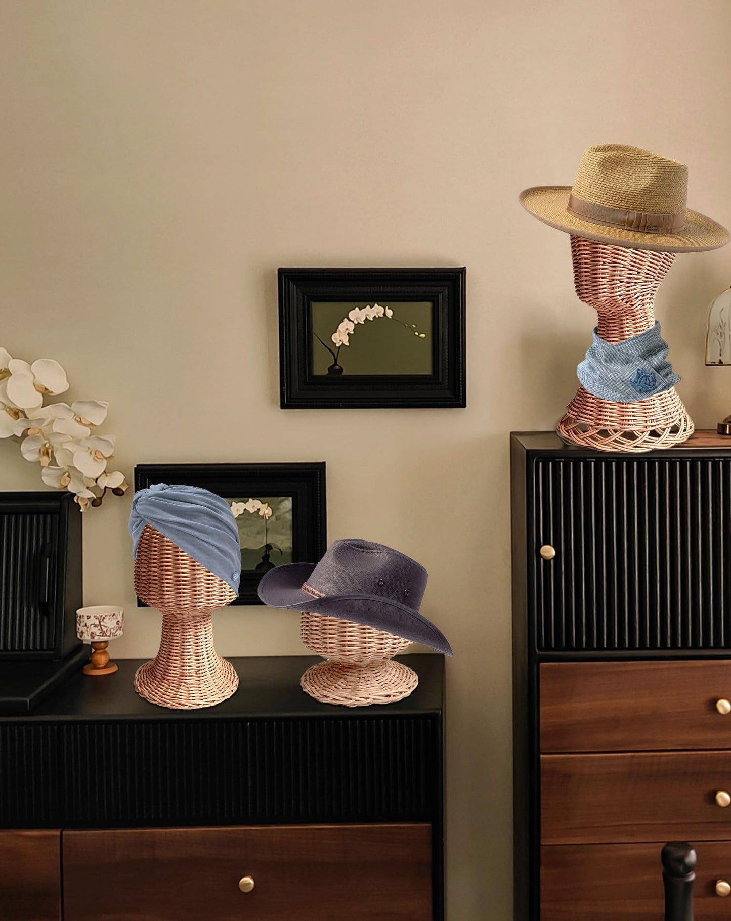 CHADWICK Mannequin Head Stand, Rattan Wig Stand, Hat & Wig Display Holder, Handmade Wicker Wig Head Stand, Vine Woven Hat Stands