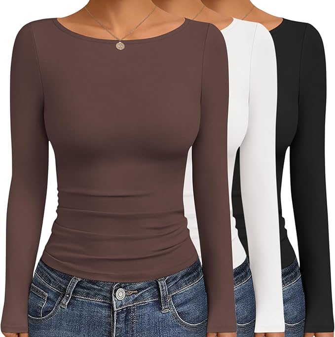 Ekouaer Women's Boat Neck Tops 3 Packs Long Sleeve Shirts Ruched Fall Fashion 2025 Outfits Basic Thermal Underscrubs