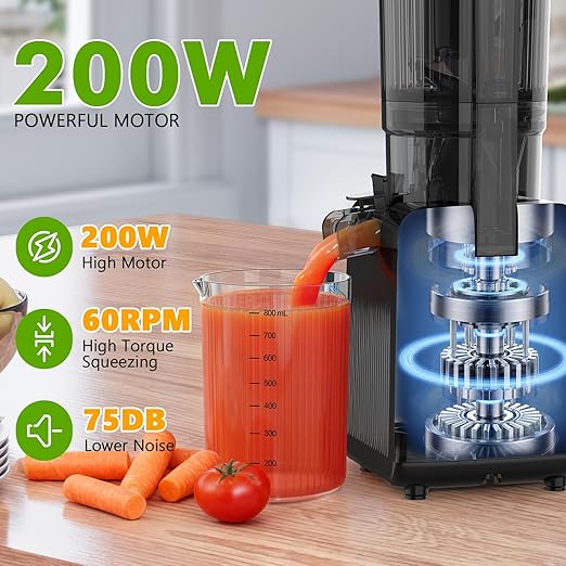 Cold Press Juicer, 4.35" Large Feed Chute Electric Juicer Machine High Juice Yield Slow Masticating Juicer for Whole Vegetables & Fruits, Easy Assemble & Cleaning