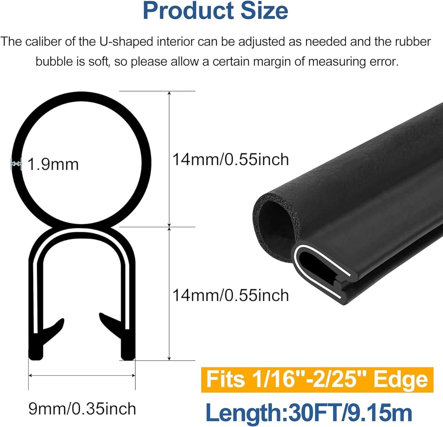 Kikerike Automotive Door Weather Stripping 30Ft Car Door Rubber Edge Trim Seal Strip Gasket with Top Bulb Easy to Install for Car Bus Camper Boat RV Truck Doors and Home Applications