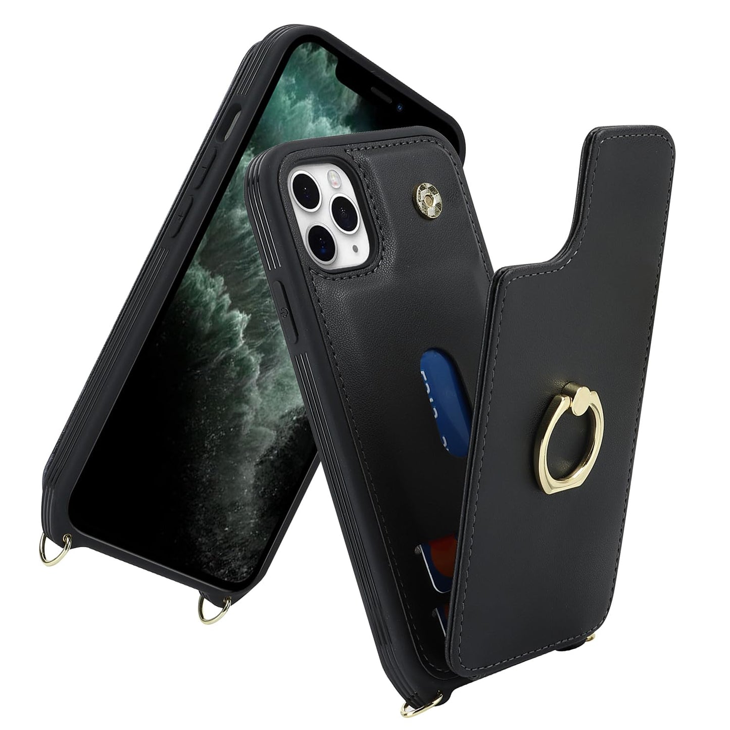 Lipvina For Iphone 11 Pro Phone Case With Card Holder And Strap For Women,Crossbody Lanyard,Kickstand Ring Stand,Snap Clasp,Phon