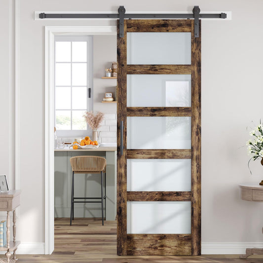 ROYMELO 32x84 Inch Glass Sliding Barn Door Slab and 5.5ft Hardware Kit Included, 5 Frosted Glass, LVL Wood Panel Covered with Brown Water-Proof Scratch-Proof PVC Surface, Simple DIY Assembly