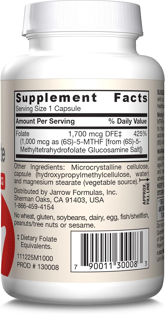 Jarrow Formulas Methyl Folate 1000 mcg, Dietary Supplement, Methyl Folate for Cellular Energy Support, 100 Veggie Capsules, 100 Day Supply, (Pack of 12)
