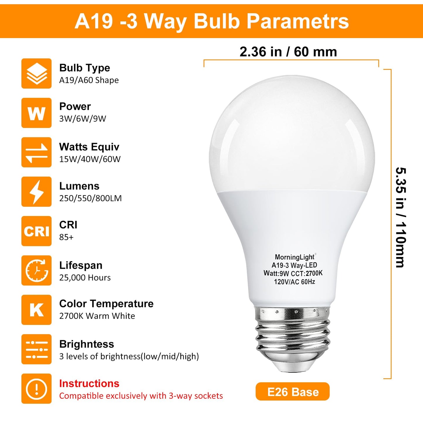 MorningLight A19 3-Way LED Light Bulbs 15 40 60Watt Equivalent, Warm White 2700K, E26 Base, 3W/6W/9W A19 Three Way Dimmable Light Bulbs for 3-Way Lamp Socket, 250/550/800 Lumens, 4 Pack