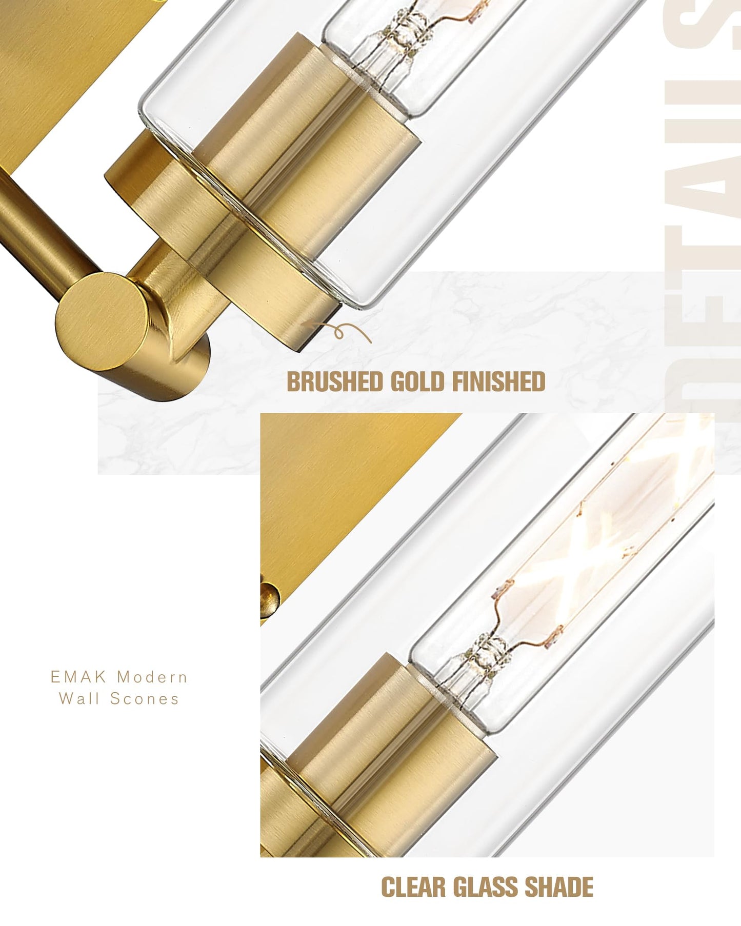 Emak Wall Sconces Set Of Two  Modern Brushed Gold Sconce With Clear Glass Shade  Bathroom Lighting Fixtures For Mirror  Living Room  Bedroom  Gallery  Ws086-Bgd-Cg-2Pk