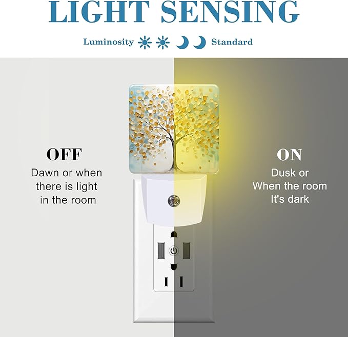 Plug in Night Lights Golden Tree Of Life Oil Painting Nightlight Plug Into Wall Dusk to Dawn Sensor LED Night Light for Kid Girls Boys Women Room Decor,Hallway,Kitchen,Bathroom,Nursery,Stairs