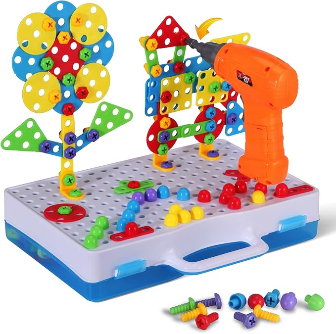 STEM Building Toys for Kids Ages 4-8 | 224-Piece STEM Drill & Build Kit with Screwdriver, Pegboard | Educational Toys for 5+ Year Old Boys Girls | Gift for Birthdays