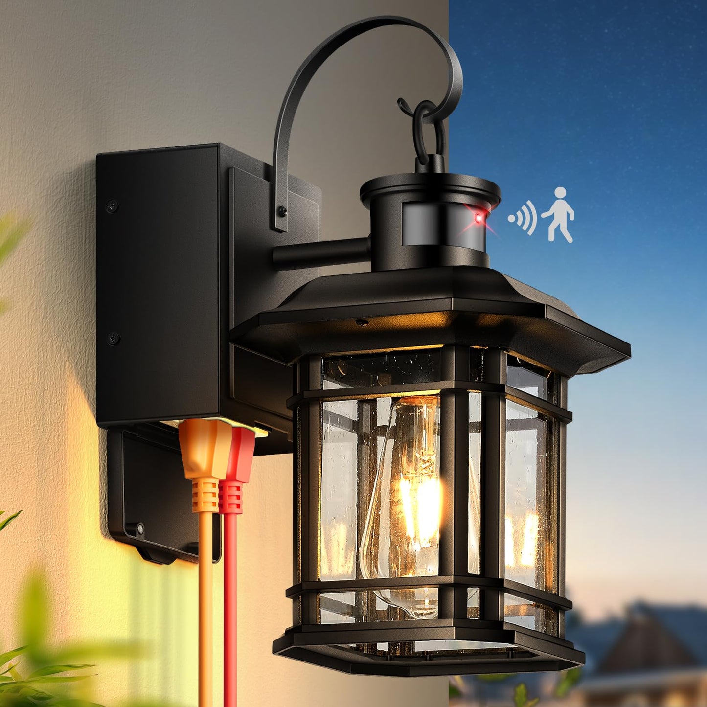 Opaxis Porch Light With Gfci Outlet  Motion Sensor Outdoor Lights  Dusk To Dawn 3 Lighting Modes Outdoor Light With Outlet  Black Outside Lights For House  Garage  Garden  Waterproof  100% Aluminum
