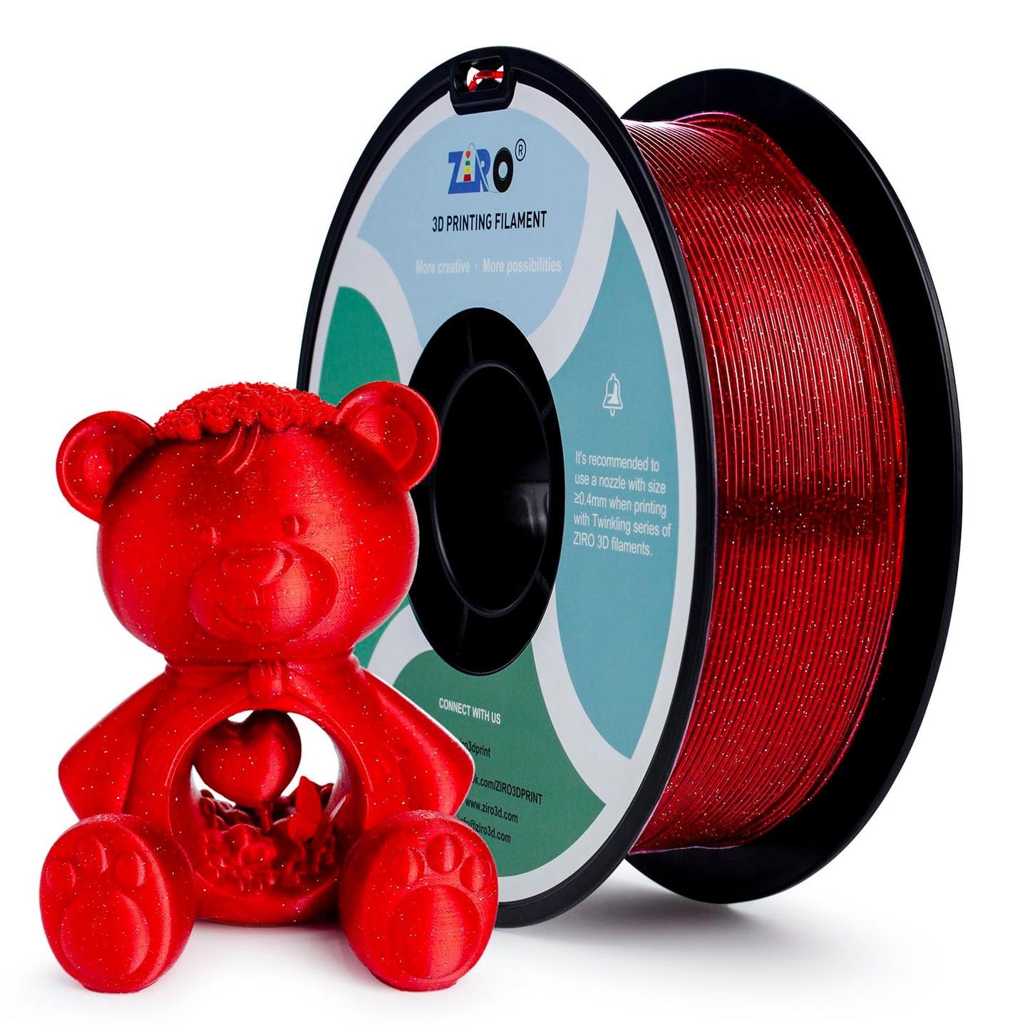ZIRO Glitter PLA Filament 1.75mm, Semi-Transparent PLA Base, 3D Printer Filament Shiny Sparkle Material with Glitter, Twinkle Series 1KG Spool, fit Most FDM 3D Printers, Twinkling Red