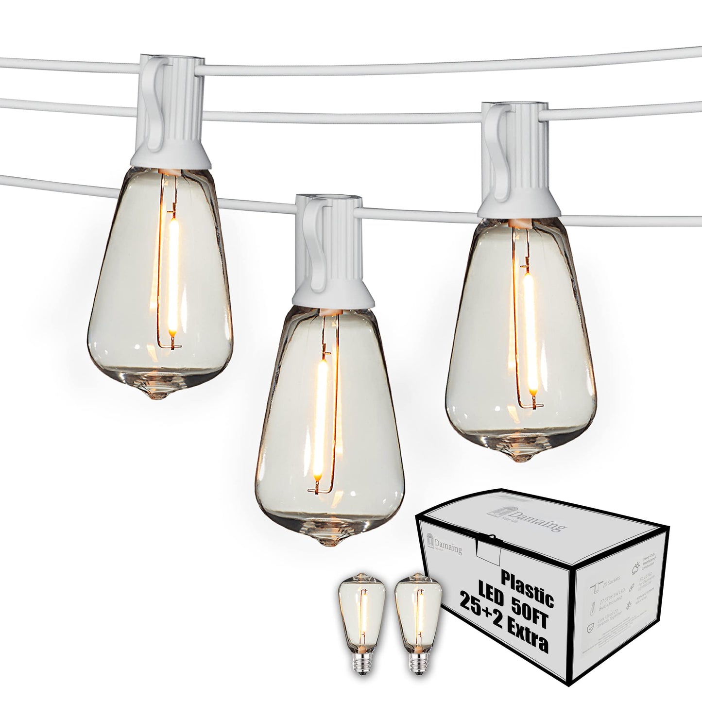 Damaing 50Ft Outdoor String Lights, Waterproof Led Patio Lights With 27 Shatterproof Vintage Bulbs, White Cable, Model Us050025