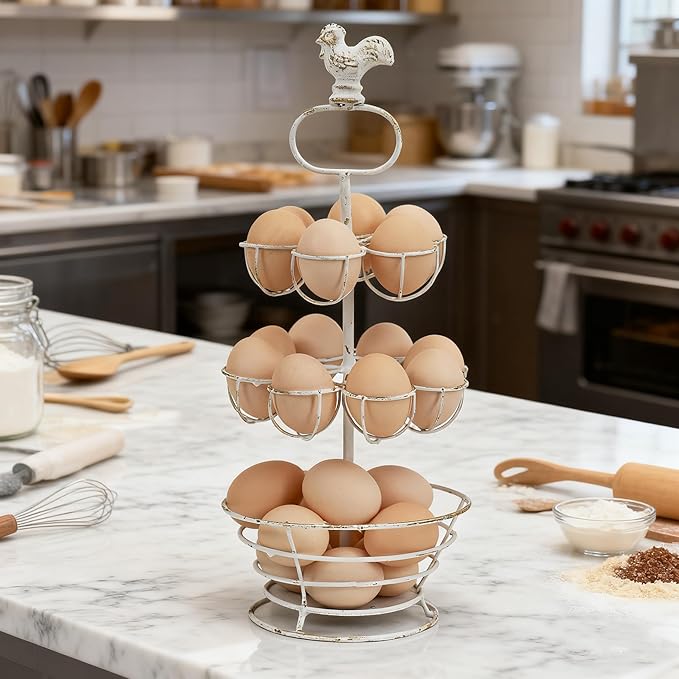 Vintage White Metal Egg Holder with Rooster Top - 2-Tier & Bottom Basket Design, Farmhouse Distressed Decor Egg Storage Rack for Kitchen Countertop Decor (White with Gold)