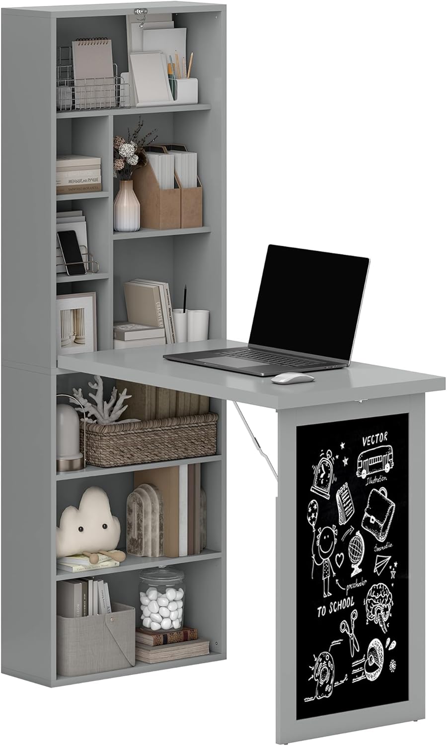 HOMCOM Fold-Out Convertible Writing Table, Wall Mount Desk Cabinet with Blackboard and Side Shelf Multi-Function Home Office Workstation, Charcoal Gray