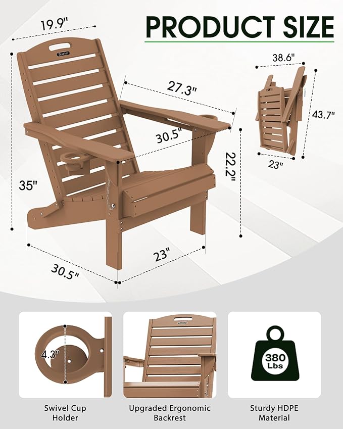 Adirondack Chairs Set of 4, Outdoor Fire Pit Chairs, HDPE All-Weather Adirondack Chairs with Cup Holder, Lawn Chair for Deck, Patio, Garden (Teak)