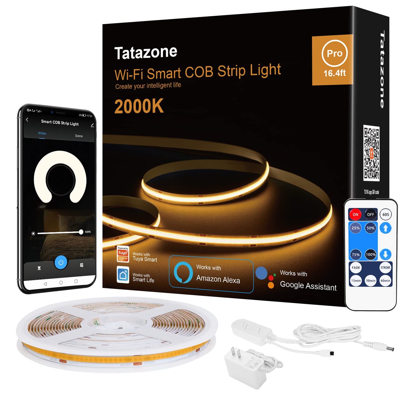 Tatazone Smart COB LED Strip Light, 2000K-Golden Yellow, 16.4ft, WiFi, App & Remote Control, Dimmable, Model LSSCOBM384