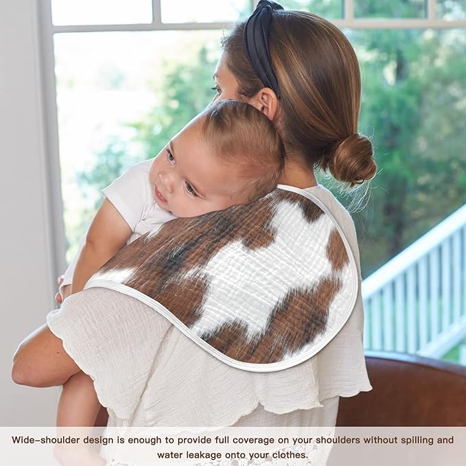 Muslin Baby Burp Cloths Set of 4, Soft Absorbent White Brown Print Cow Muslin Washcloths, Bibs, Face Towel for Newborn Boys Girls, 22 x 11 Inch