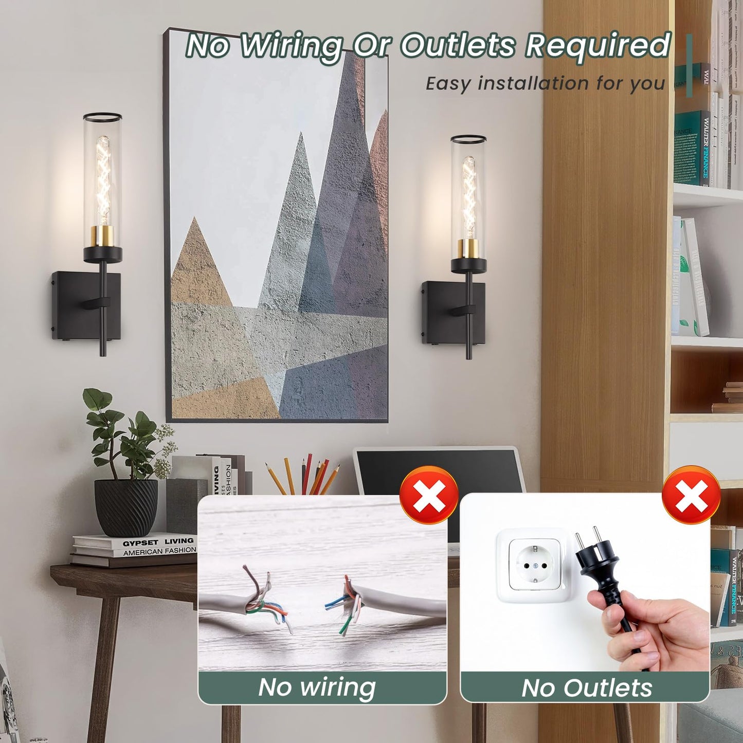 Loiogohot Wall Sconce, Battery Operated, 10400mAh, Dimmable, Black and Gold, Model WL-BN2426-BKGD-ME, Warm Light