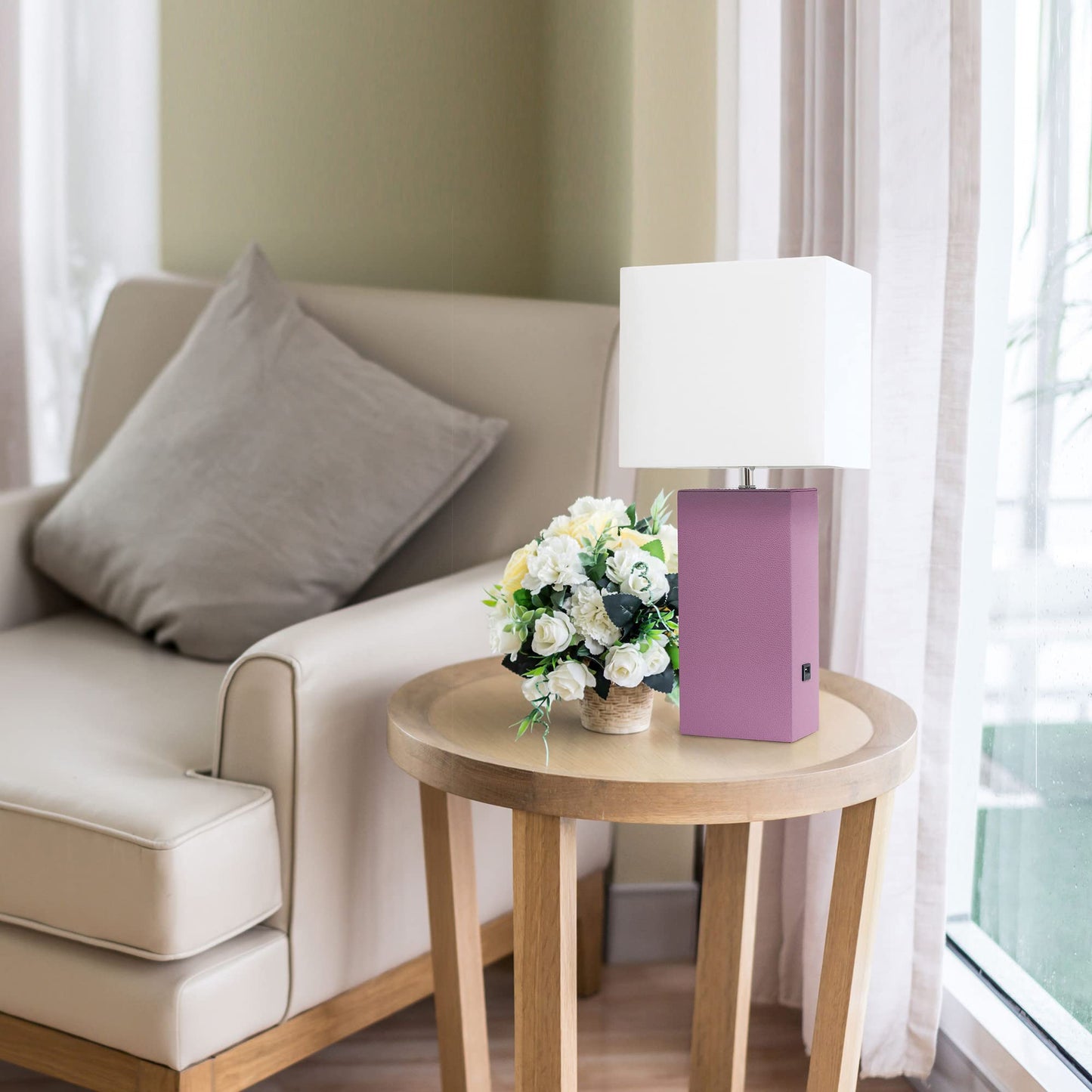 LALIA HOME 21in Leather Base Bedside Table Lamp with USB Charging Port, Purple, Model LHT-3012, Modern Home Décor for Living Room, Bedroom, Office