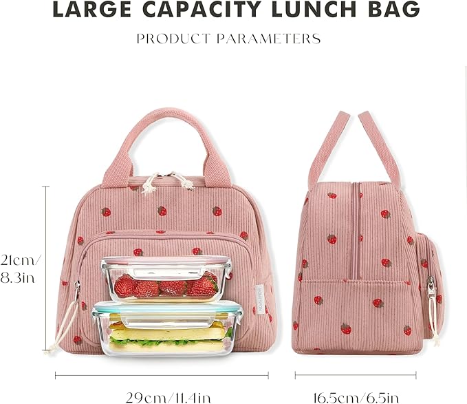HOMESPON Lunch Bag for Women Men Adults with Front Pocket Cute Corduroy Insulated Lunch Tote Large Capacity Lunch Box Cooler Container for Work Picnic or Travel (Strawberry Pink)