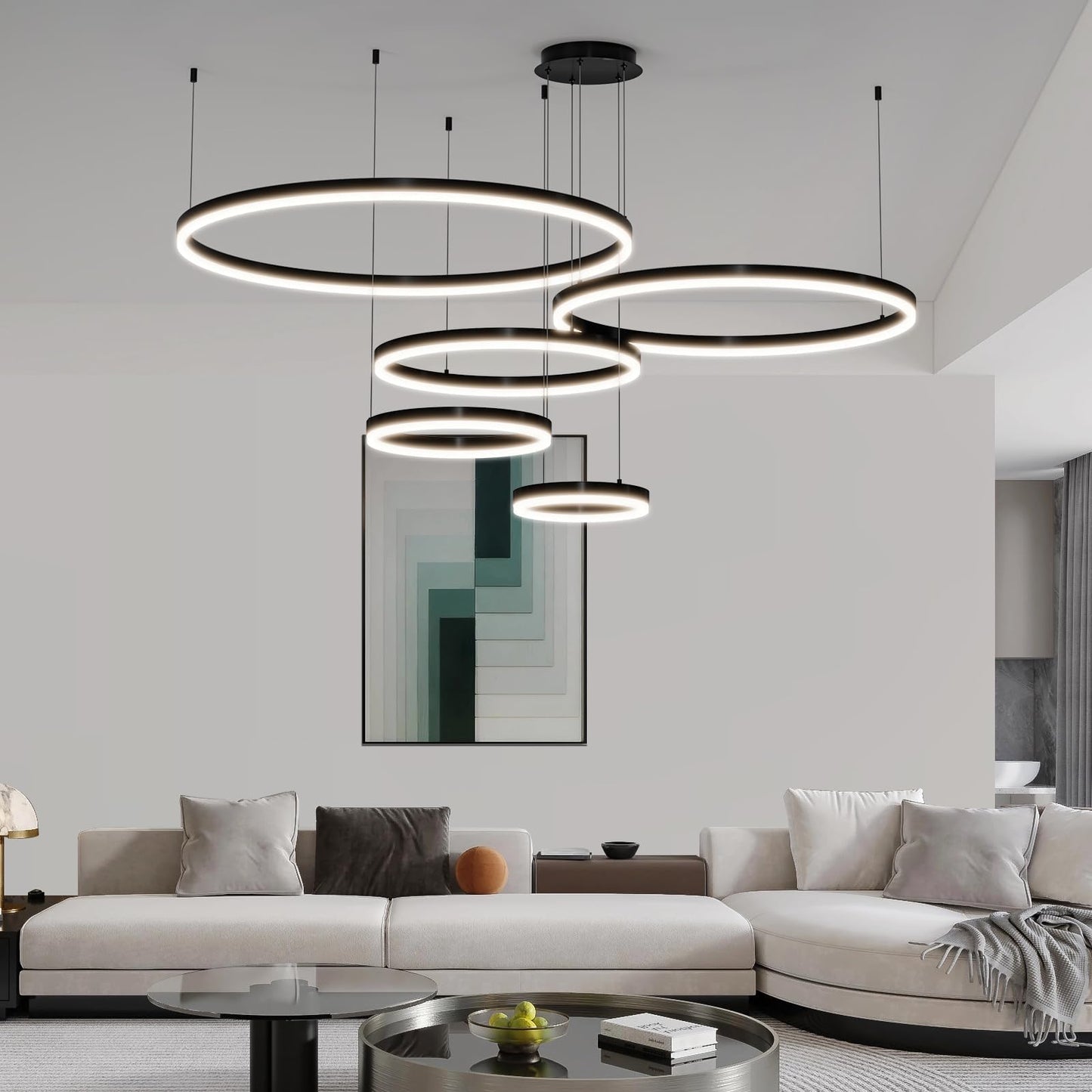 Mikeru Modern LED Chandelier Light, Adjustable 3000K-6500K, 5 Rings, Aluminum, 39.5IN, A-Black, Model DK-346810