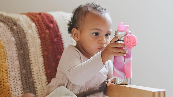 Pura Kiki 11oz/325ml Stainless Steel Straw Bottle w/Sleeve - 100% Plastic-Free, MadeSafe Certified, 100% Medical-Grade Silicone Straw for Kids, Toddlers, Preschoolers, & Infant - New Aqua Swirl