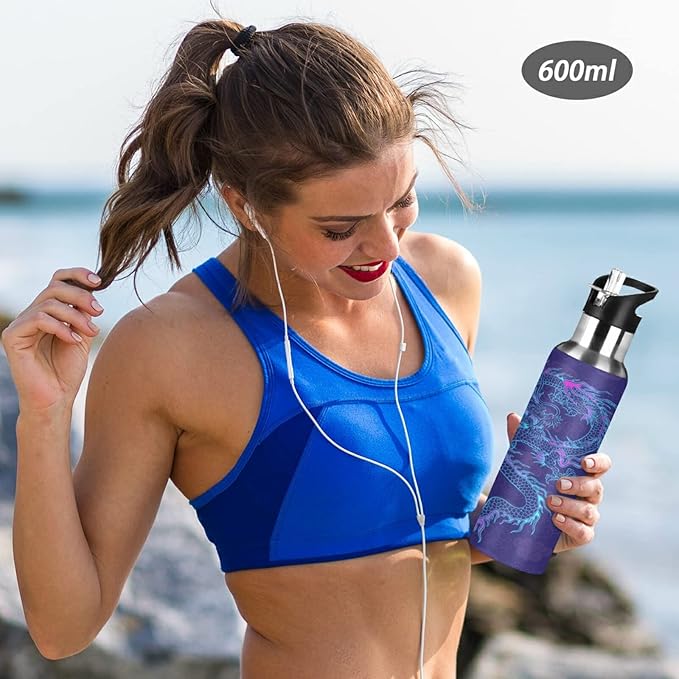Blueangle 20oz Purple Chinese Dragon Water Bottle, BPA Free Stainless Steel Water Bottle Leak-Proof Sports Bottle for Camping Workouts Gym and Outdoor Activity