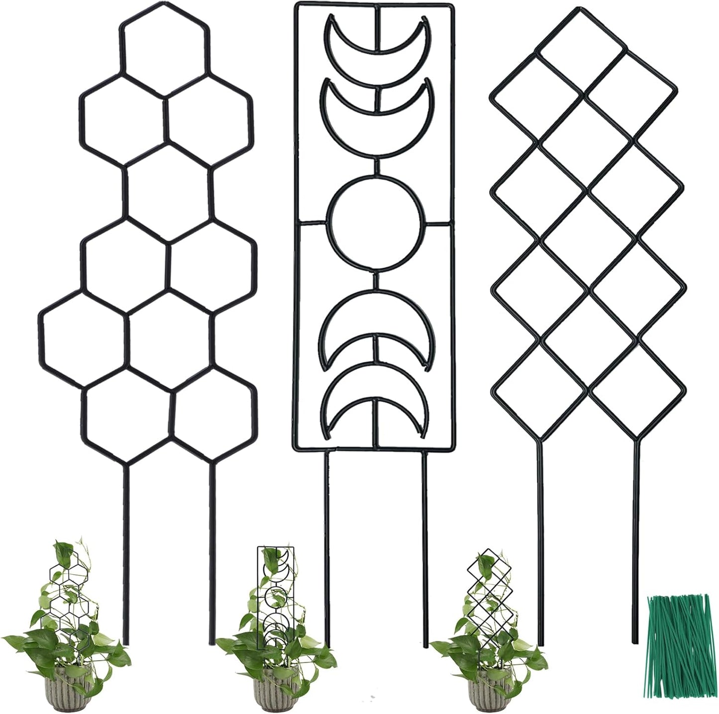 Trellis for Potted Climbing Plants, 16.75 inch Garden Metal Trellis for Indoor Outdoor with Different Patterns for Vine Ivy Flower Plant Support 3 Pack