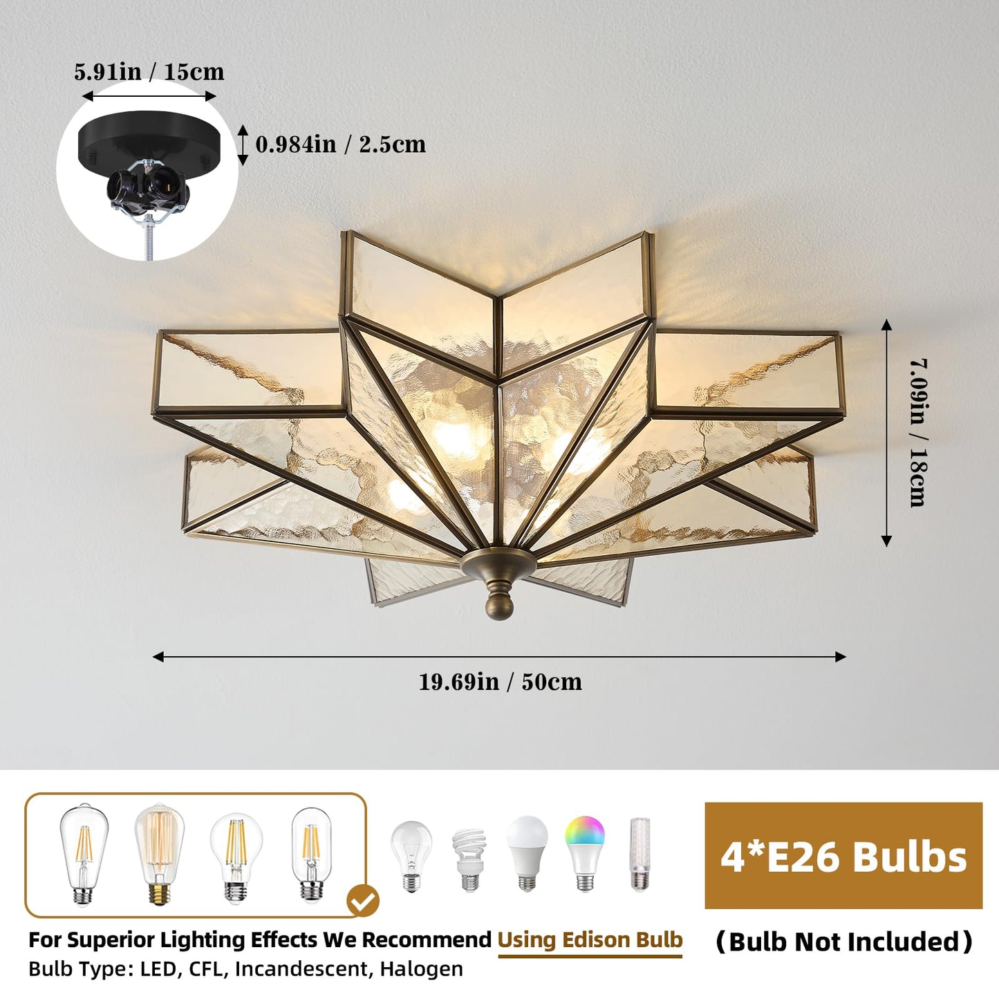 Black Bronze Star Ceiling Light - 19.5 Inch Brass Hammered Glass Large Flush Mount Fixture - Unique Art Deco Mid Century Vintage Moravian Lighting Lights For Bedroom Dining Foyer Living Room Fixtures