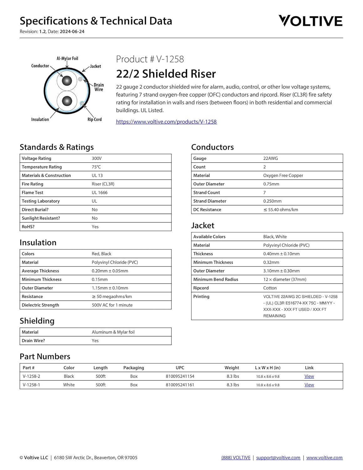Voltive 22/2 Shielded Riser - CL3R Rated - Bare Copper - 500 Foot Box - White