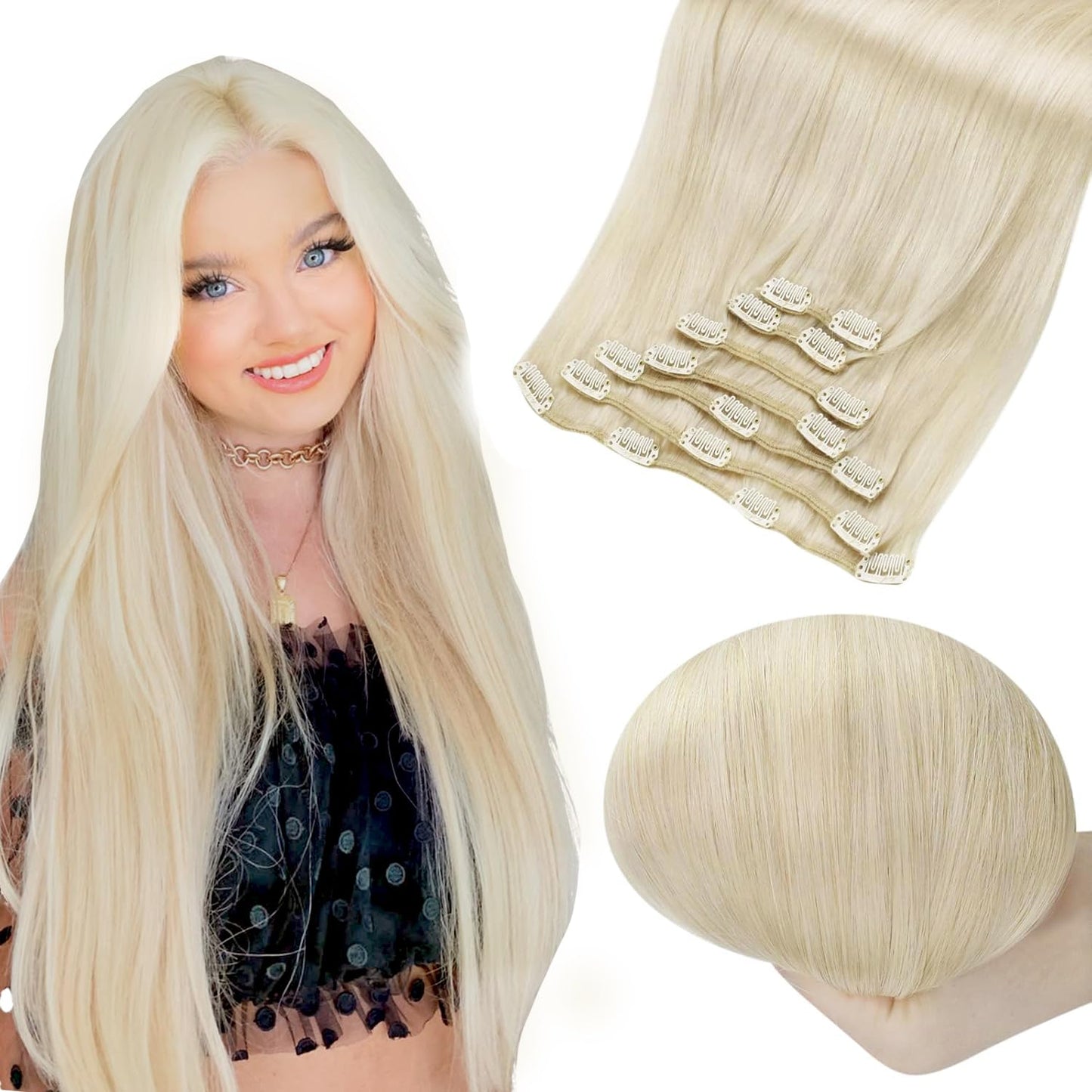 Full Shine Blonde Human Hair Clip In Extensions Platinum Blonde Clip In Real Human Hair 7Pcs 120 Grams Invisible Remy Hair Exten