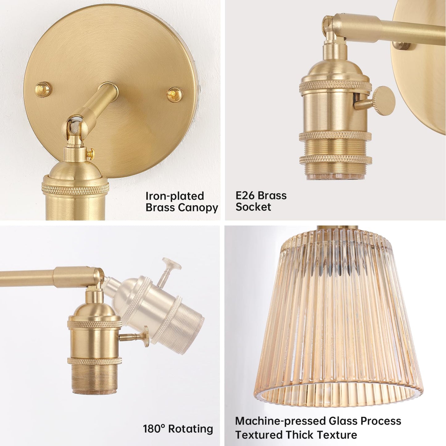 Shenmoyl Vintage Wall Sconce - Amber Stripe Glass, Hardwired, 180° Adjustable, Modern Lighting Fixture For Bedroom And Doorway