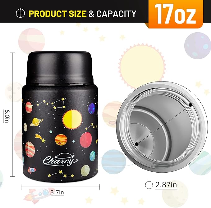 Charcy 17oz Thermo for Hot Food, Soup Thermo Food Container for Lunch Box with Folding Spoon ZB - Black Plant