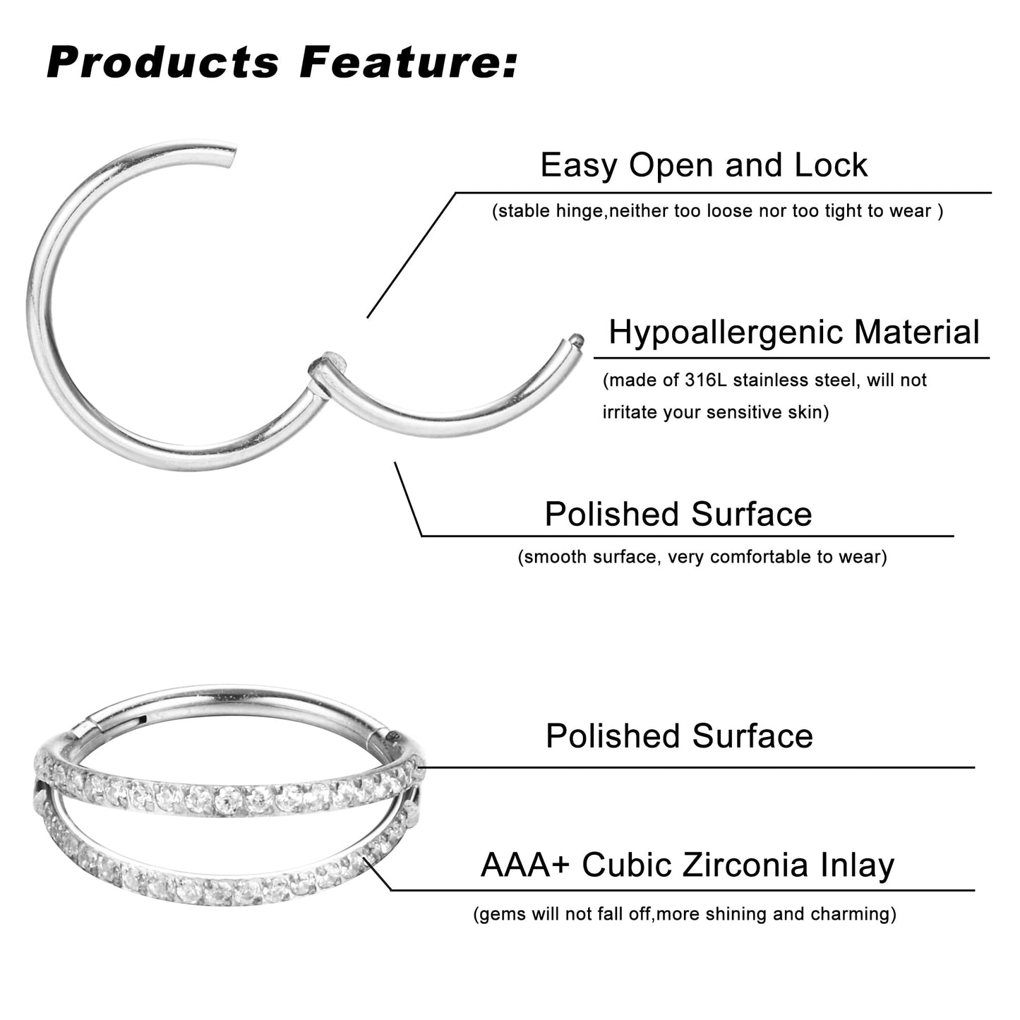 Dochais 4PCS 18G Nose Rings Hoops, Surgical Steel Earrings Tragus Septum Piercing CZ Clicker Ring, Hinged Segment Conch Lip Cart
