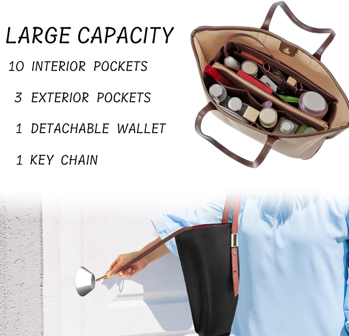 DailyPlus Felt Bag Organizer Insert with Zipper and Key Chain for Tote Purse - Brown Small